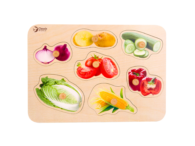 白菜やトマト、きゅうりなどの７種類の野菜が描かれたペグパズル。