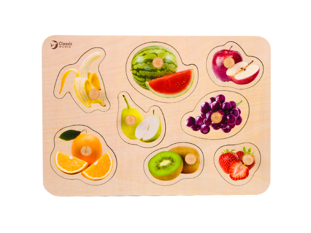 バナナやスイカリンゴなど、8種類の果物が描かれたペグパズル。